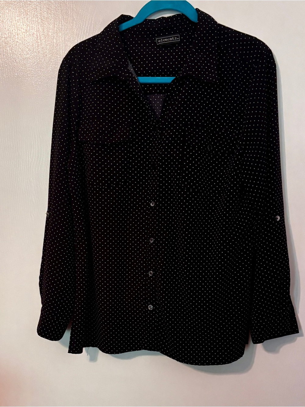 Elementz Black Button-Down L Blouse with White Micro Dots